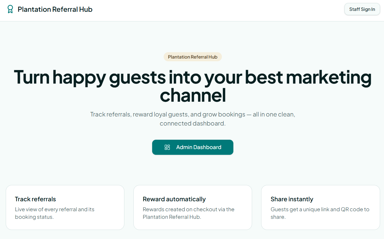 Podgląd panelu Plantation Referral Hub
